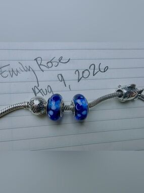 Authentic Pandora Bright Blue Murano Glass w/ Bubbles/Dots Charms (Pair)
